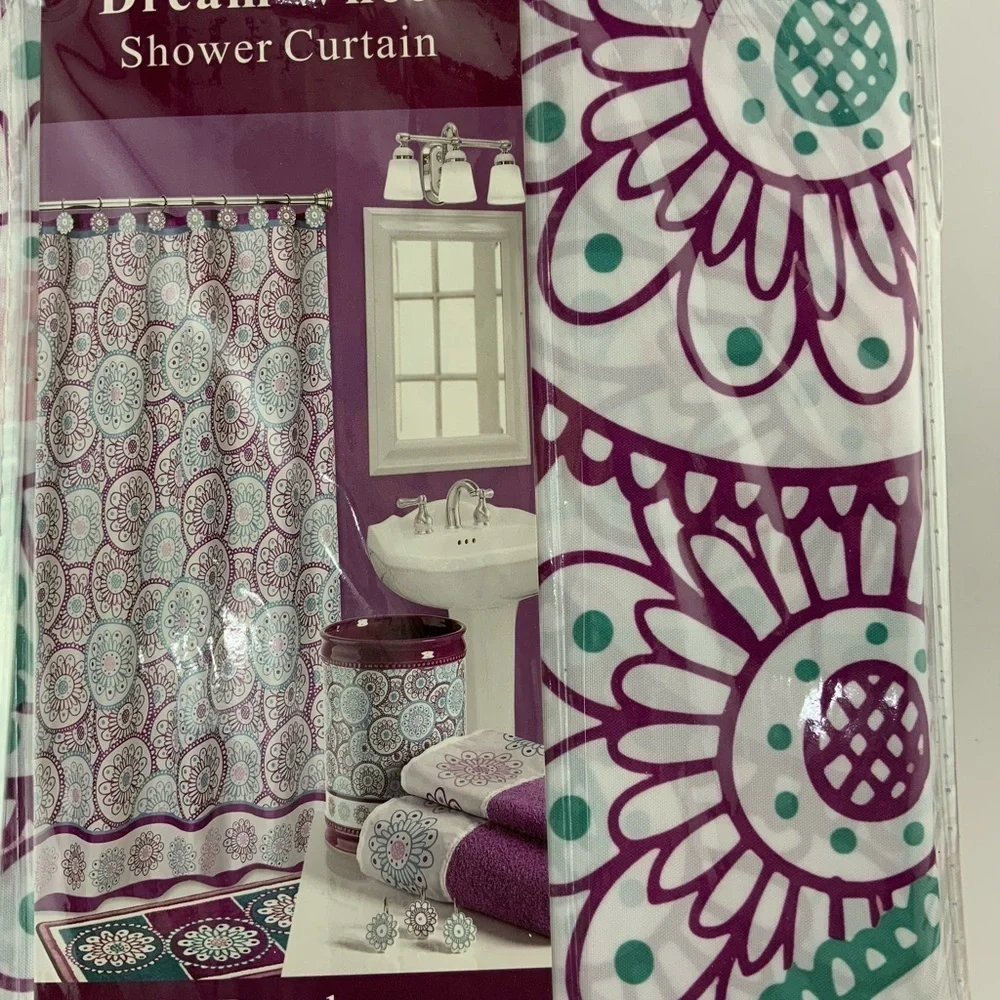 Dream Wheels Fabric Material Shower Curtain 70in X 72 in Purple Teal White